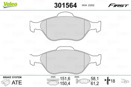 Тормозные колодки дисковые FORD/MAZDA Fiesta/Fusion/Ka/Puma/Street/121/2 "1,25-1,8 "F "95-12 Valeo 301564