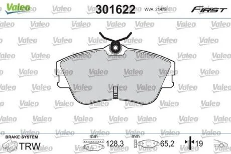 Тормозные колодки дисковые VW Transporter "1,8-2,5 "F "90-03 Valeo 301622