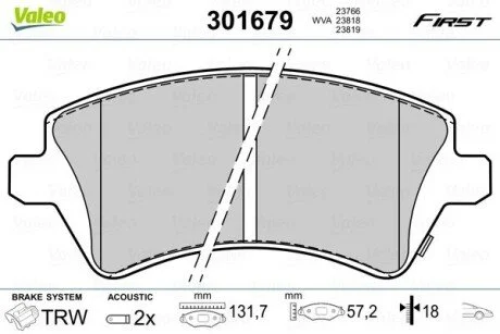 Тормозные колодки дисковые TOYOTA Corolla "1,4-2,0 "F "01-07 Valeo 301679