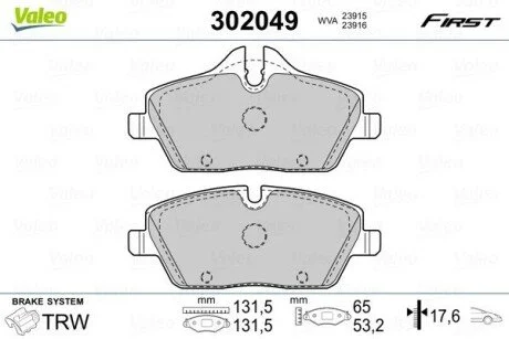 Тормозные колодки дисковые BMW 1(E81,82,87,88)/2(F45)/3(E90)/Cooper/One "1,2-3,0 "F "03>> Valeo 302049