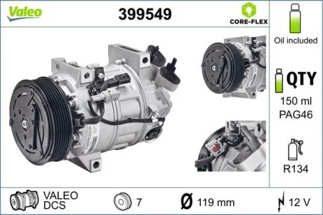 Компресор кондиціонера RENAULT LAGUNA, LAGUNA III 2.0 10.07-12.15 Valeo 399549