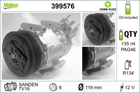 Компресор кондиціонера CITROEN BERLINGO, BERLINGO/MINIVAN, C3 I, C5 I, C8, JUMPY I, JUMPY II, XSARA, XSARA PICASSO, PEUGEOT 406, 607, 807, EXPERT, EXPERT TEPEE, PARTNER 1.4-2.2 07.98- Valeo 399576