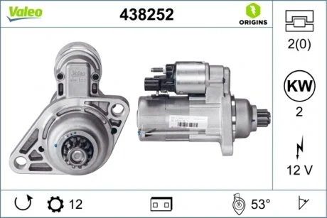 Стартер (12В, 2кВт, новий) AUDI A1, A3, Q2 SEAT ALTEA, ALTEA XL, ATECA, LEON, LEON SC, LEON ST SKODA FABIA II, KAROQ, OCTAVIA II, OCTAVIA III, ROOMSTER, ROOMSTER PRAKTIK VW BEETLE 1.4-2.0D 02.09- Valeo 438252