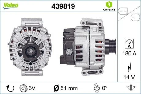 Генератор (14В, 180А, новий) MERCEDES C (A205), C (C205), C T-MODEL (S204), C T-MODEL (S205), C (W204), C (W205), E (W212), GLK (X204) 2.2D 12.08-05.18 Valeo 439819
