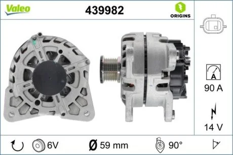 Генератор (14В, 90А, новий) DACIA LODGY, RENAULT CLIO V, KANGOO II, MEGANE IV, SANDERO/STEPWAY II, SCENIC III, TWINGO III 0.9-1.2 03.12- Valeo 439982