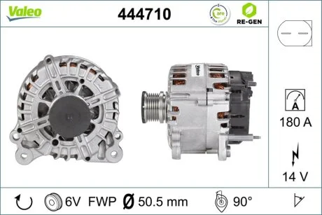 Генератор (14В, 180А, відновлений) SKODA SUPERB II, YETI, VW CALIFORNIA T5 CAMPER, CALIFORNIA T6 CAMPER, CC B7, CRAFTER 30-35, CRAFTER 30-50, GOLF PLUS V, MULTIVAN T5 1.6D-3.6 01.05-12.19 Valeo 444710