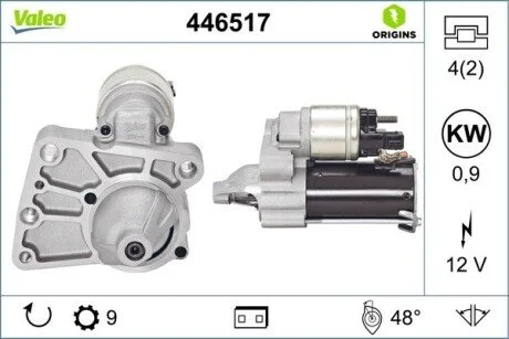 Стартер (12В, 0,9кВт, новий) DS DS 3, DS 4, CITROEN BERLINGO MULTISPACE, BERLINGO/MINIVAN, C3 AIRCROSS II, C3 II, C3 PICASSO, C4, C4 CACTUS, C4 GRAND PICASSO I, C4 GRAND PICASSO II 1.0-2.0 11.04- Valeo 446517