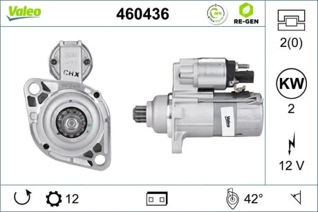 Стартер (12В, 2кВт, відновлений) AUDI A1, A3, Q3, TT, SEAT ALTEA, ALTEA XL, ATECA, CORDOBA, IBIZA III, IBIZA IV, IBIZA IV SC, LEON, TOLEDO III, SKODA FABIA I, OCTAVIA II, OCTAVIA III 1.4-3.2 02.02- Valeo 460436
