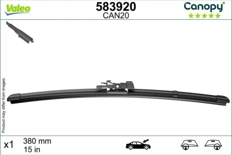 Щітка склоочисника безкаркасна передн із спойлером (1шт) Canopy 380мм ABARTH GRANDE PUNTO, PUNTO, PUNTO EVO ALFA ROMEO MITO AUDI A1 CHEVROLET AVEO CITROEN C3 / C3 ORIGIN III, C3 III 09.99- Valeo 583920