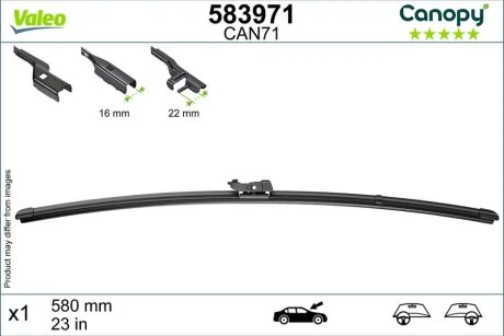 Щітка склоочисника безкаркасна передн із спойлером (1шт) Canopy 580мм ALFA ROMEO 159, BRERA, SPIDER, HYUNDAI I30, JAGUAR XF I, KIA CEED, PRO CEED, LAND ROVER DEFENDER, NISSAN JUKE 06.05- Valeo 583971