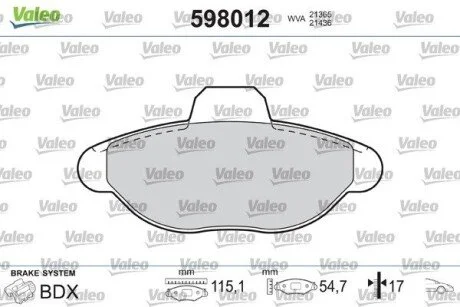 Гальмівні колодки, дискове гальмо (набір) Valeo 598012