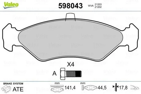 Гальмівні колодки, дискове гальмо (набір) Valeo 598043