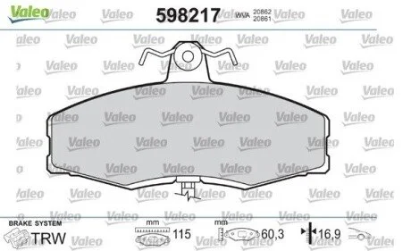 Гальмівні колодки, дискове гальмо (набір) Valeo 598217