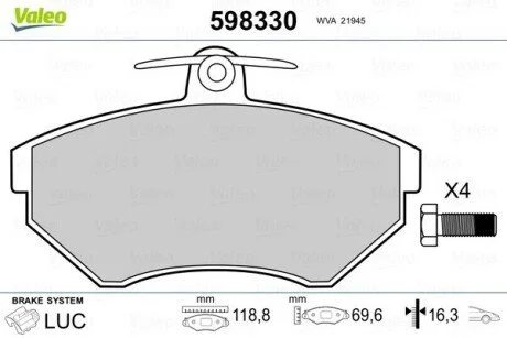 Гальмівні колодки, дискове гальмо (набір) Valeo 598330
