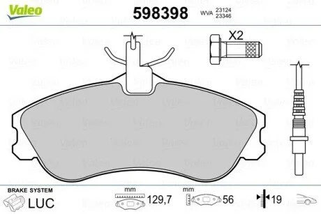 Гальмівні колодки, дискове гальмо (набір) Valeo 598398