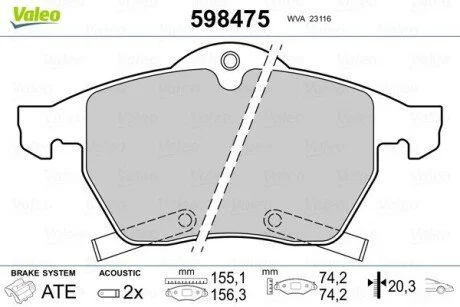Гальмівні колодки, дискове гальмо (набір) Valeo 598475