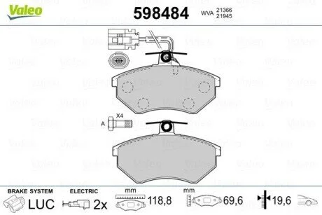 Гальмівні колодки, дискове гальмо (набір) Valeo 598484