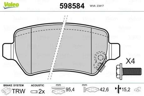 Гальмівні колодки, дискове гальмо (набір) Valeo 598584