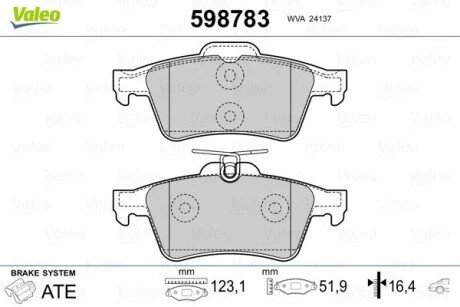 Гальмівні колодки, дискове гальмо (набір) Valeo 598783