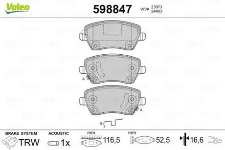Гальмівні колодки, дискове гальмо (набір) Valeo 598847