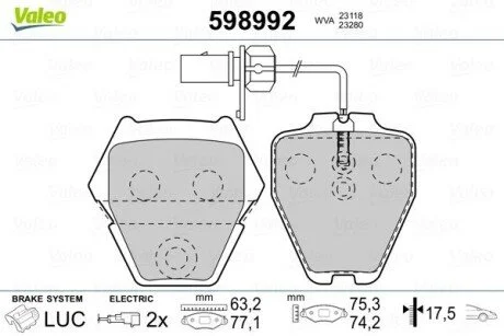 Гальмівні колодки, дискове гальмо (набір) Valeo 598992