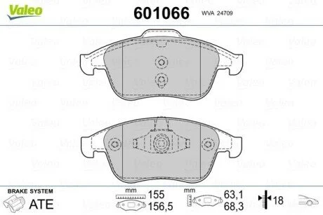 Гальмівні колодки, дискове гальмо (набір) Valeo 601066