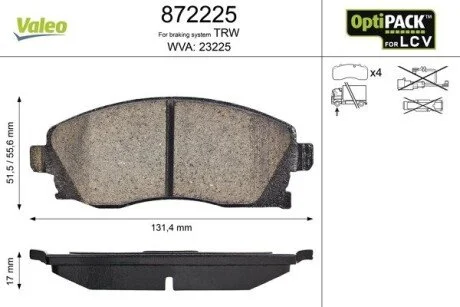 Колодки гальмівні OPEL P. COMBO 1,3-2,0 CDTI 01- Valeo 872225
