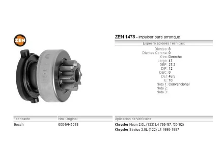 Бендикс стартера ZEN ZN1478